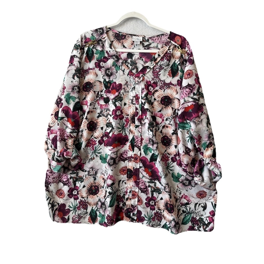 Jaclyn Smith Floral Roll Tab Sleeve V Neck Gold Accent Top 3X Cottage Boho Chic